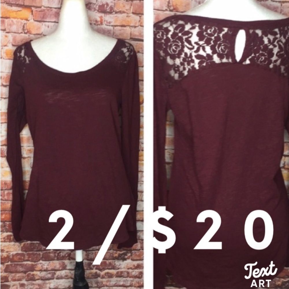 Maurices Burgundy Lace Keyhole Back Long Sleeved Lightweight Knit Blouse